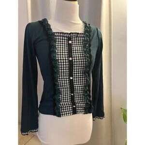 Axes Femme Green Black Houndstooth Ruffle Lace Blouse Pearl Buttons S Coquette M